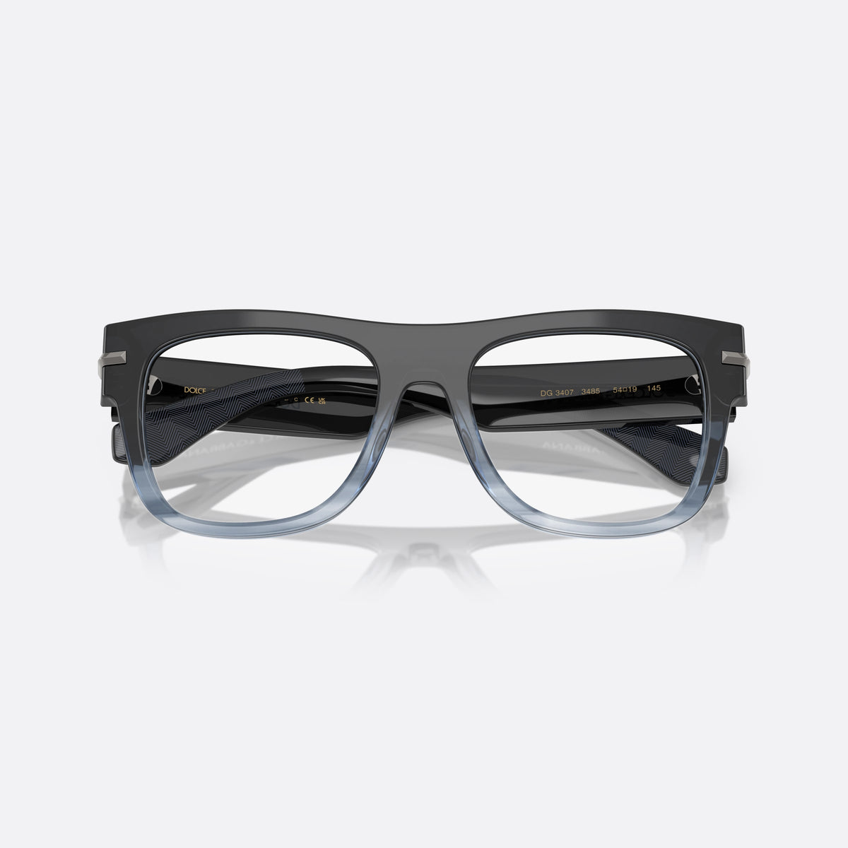 Dolce & Gabbana DG3407 3485 eyeglasses, blue square frame for men, plain bridge, single arch, brand lettering on temples, folded