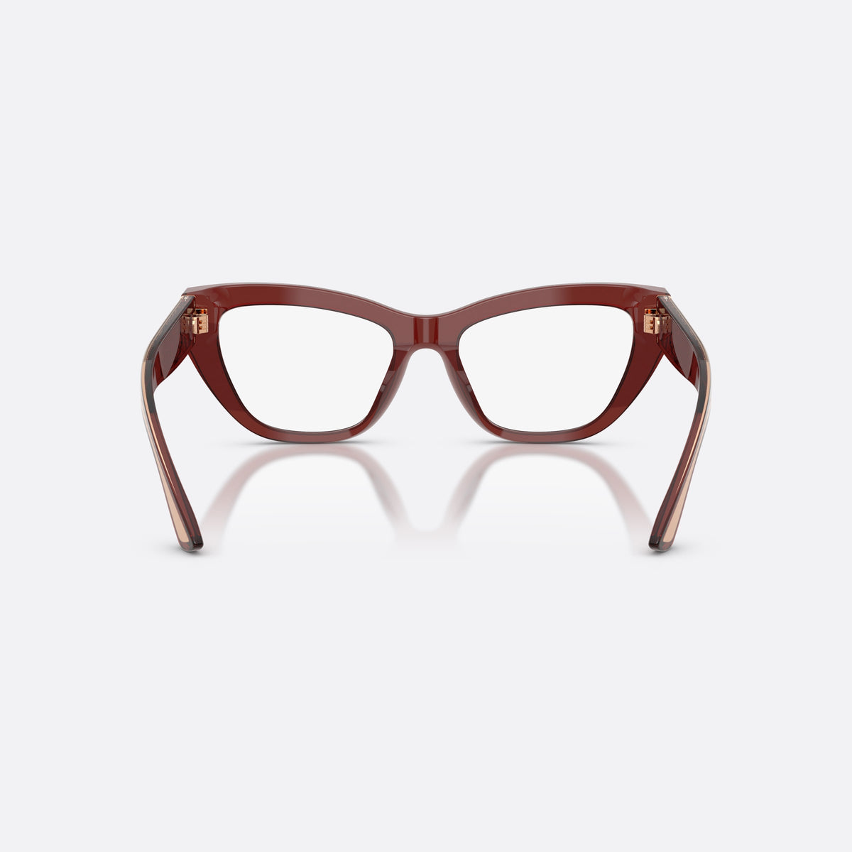 Dolce & Gabbana DG3412 3045 eyeglasses, red cat eye frame for women, plain bridge, wide temples with decorative pattern, back view