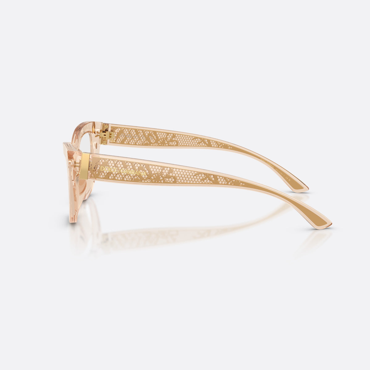 Dolce & Gabbana DG3412 3432 eyeglasses, brown cat eye frame for women, plain integrated bridge, brand logo plaque on temples, side view