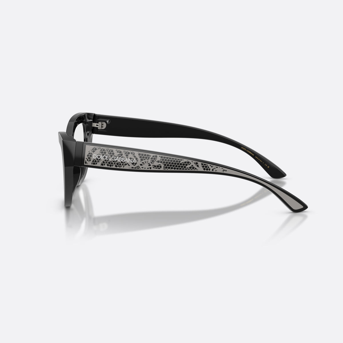 Dolce & Gabbana DG3412 501 eyeglasses, black cat eye frame for women, plain bridge, brand lettering on temples, full-rim frame, side view