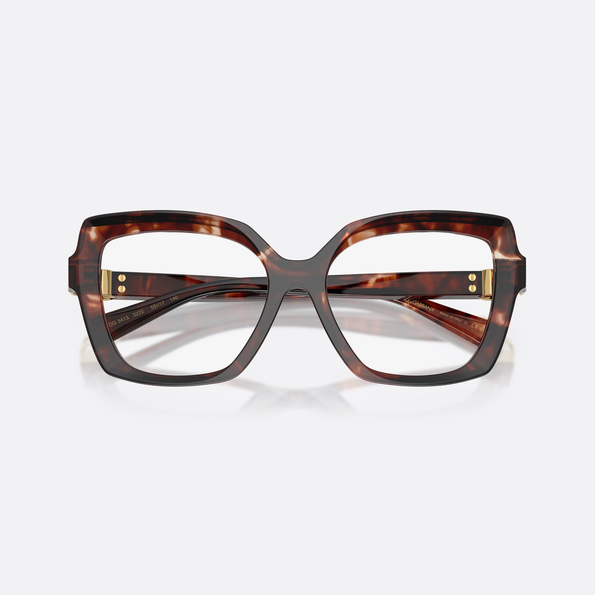 Dolce & Gabbana DG3413 3222 eyeglasses, red butterfly frame for women, plain double bridge, brand lettering on temples, folded