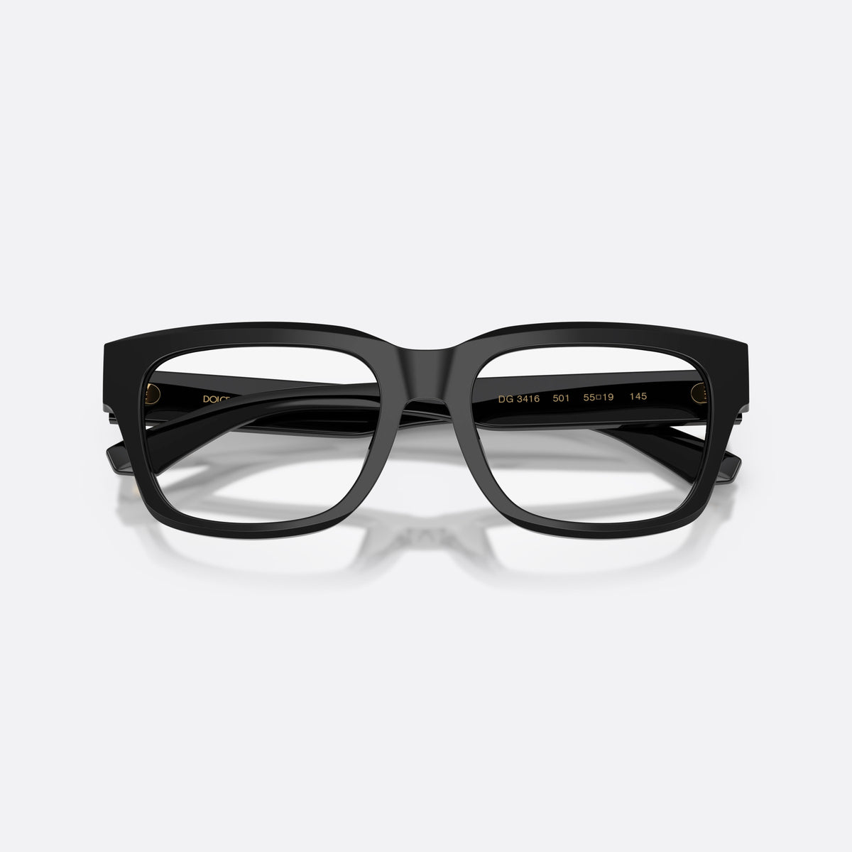 Dolce & Gabbana DG3416 501 eyeglasses, black rectangle frame for men, plain bridge, brand logo plaque on temple, folded