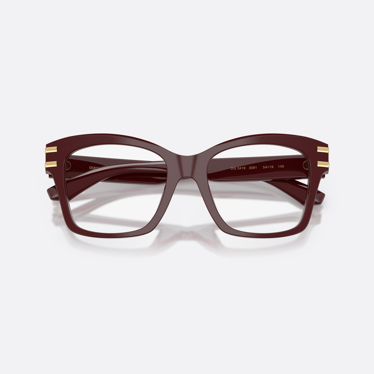 Rame ochelari de vedere Dolce & Gabbana DG3419 3091, patrati roșu, pentru femei, punte keyhole, placă cu logoul brandului pe braț, cu brațele pliate