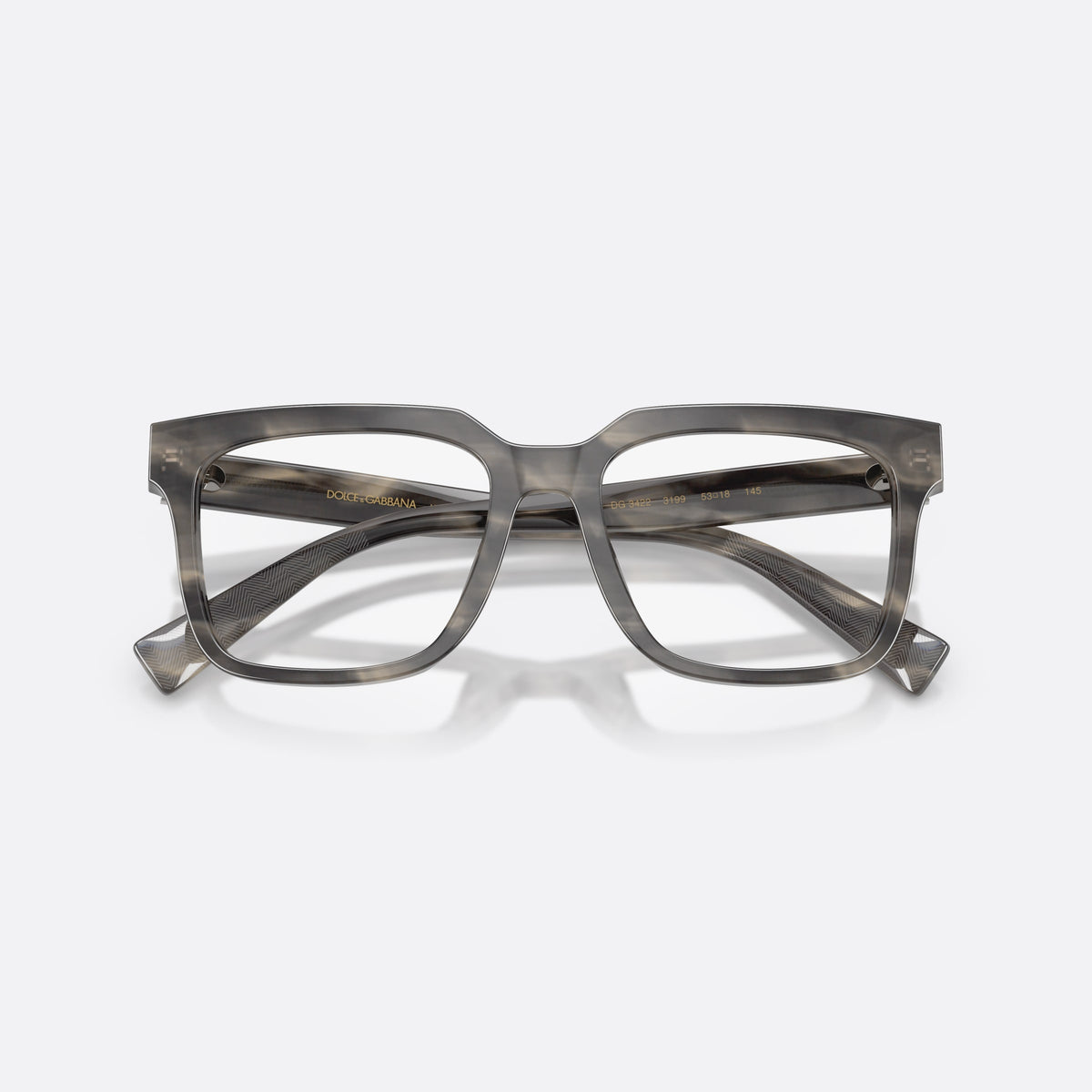 Dolce & Gabbana DG3422 3199 eyeglasses, grey square frame for men, keyhole bridge, brand lettering on the temples, folded