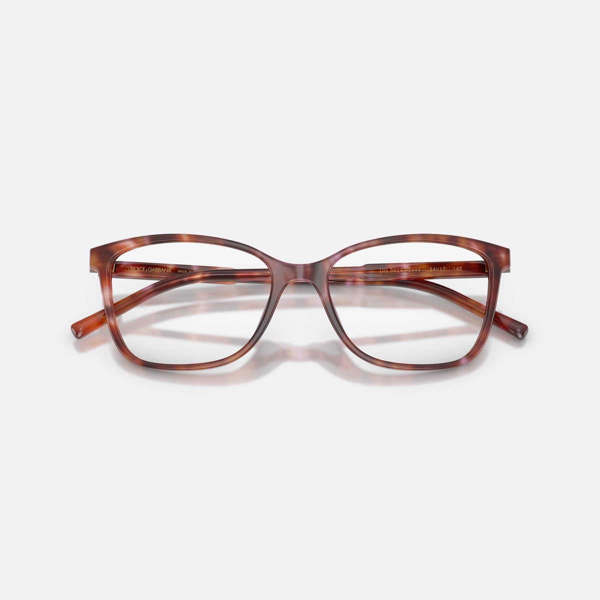 Dolce & Gabbana DG3424 3444 eyeglasses, havana rectangle frame for women, plain saddle bridge, brand lettering on temples, folded