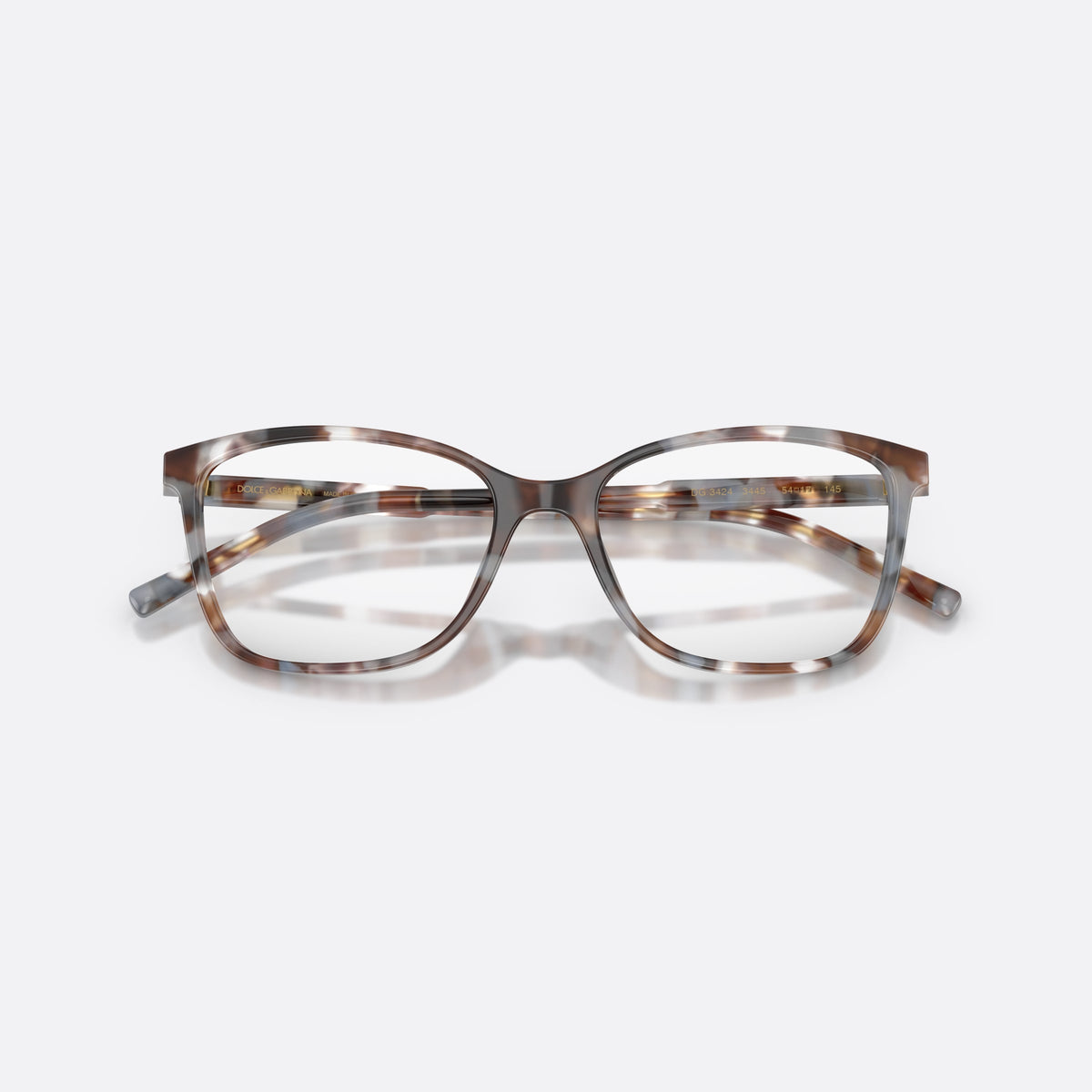 Dolce & Gabbana DG3424 3445 eyeglasses, havana rectangle frame for women, plain bridge, brand lettering on temples, gold-tone hinges, folded