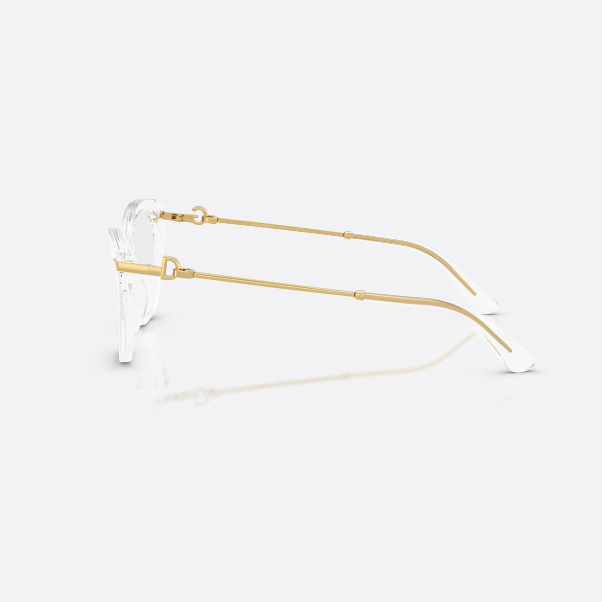 Dolce & Gabbana DG3428 3133 eyeglasses, clear butterfly frame for women, keyhole bridge, slim metal temples with tapered ends, side view