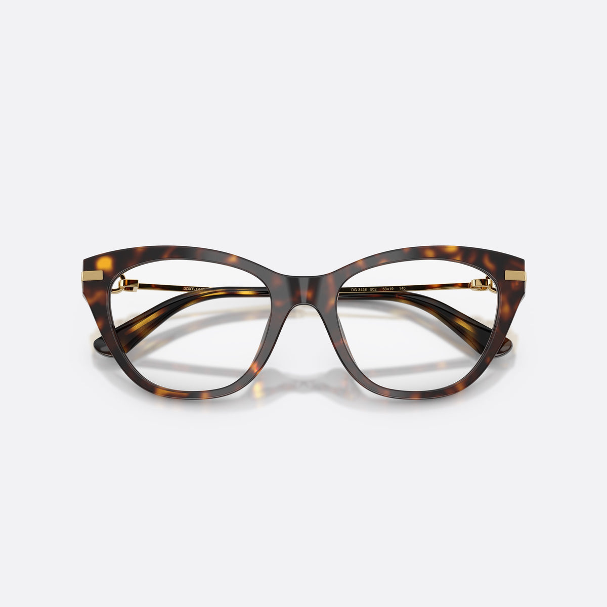 Dolce & Gabbana DG3428 502 eyeglasses, havana butterfly frame for women, plain acetate bridge, brand logo plaque on temple, folded