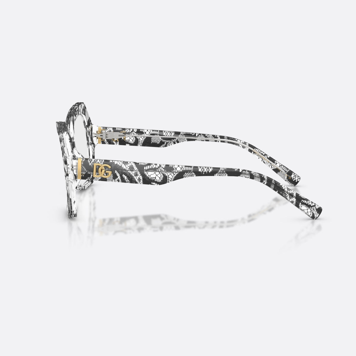 Dolce & Gabbana DG3429 3287 eyeglasses, black butterfly frame for women, plain bridge with acetate, brand logo plaque on temple, side view