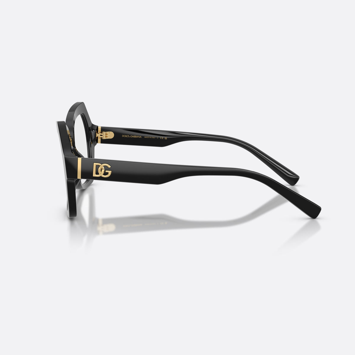 Dolce & Gabbana DG3429 501 eyeglasses, black butterfly frame for women, keyhole bridge, brand logo on temple, wide tapered temples, side view