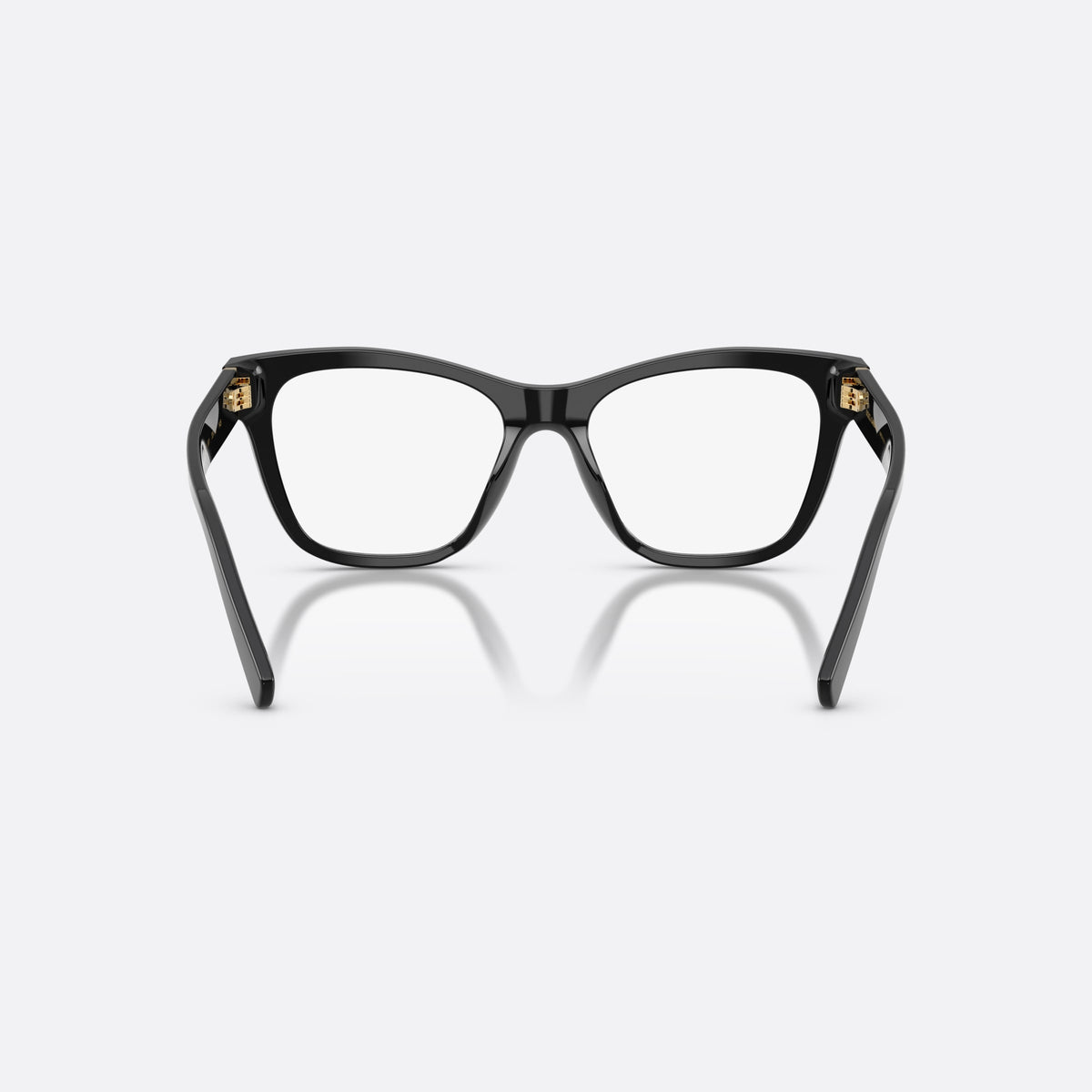 Dolce & Gabbana DG3430 501 eyeglasses, black square frame for women, plain bridge, integrated, brand logo plaque on temple, back view