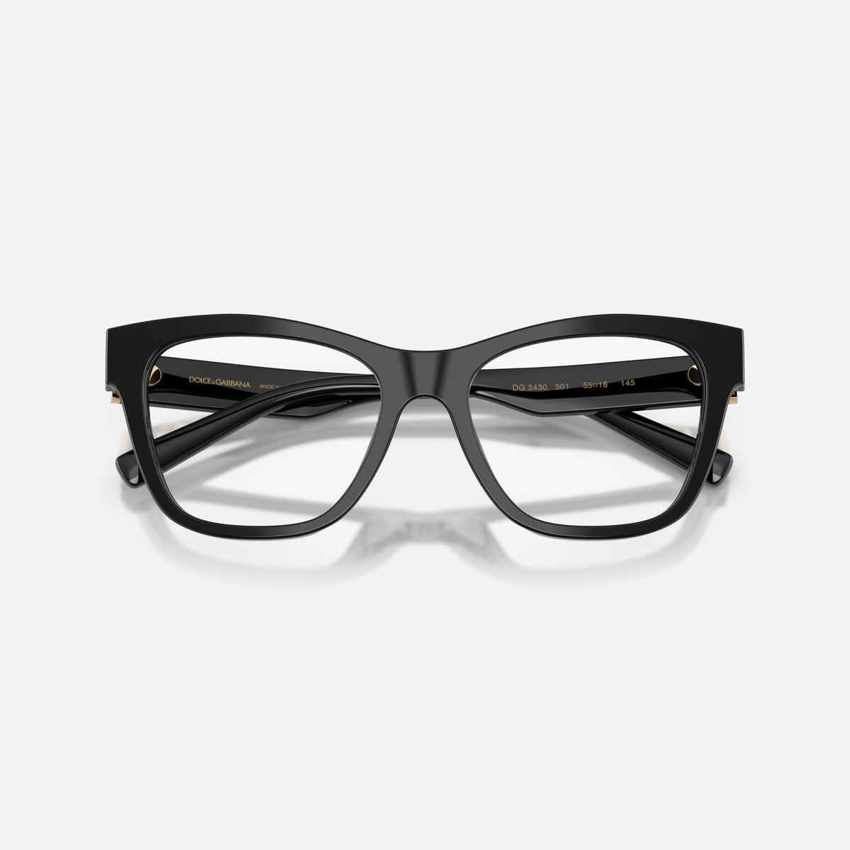 Dolce & Gabbana DG3430 501 eyeglasses, black square frame for women, plain bridge, integrated, brand logo plaque on temple, folded