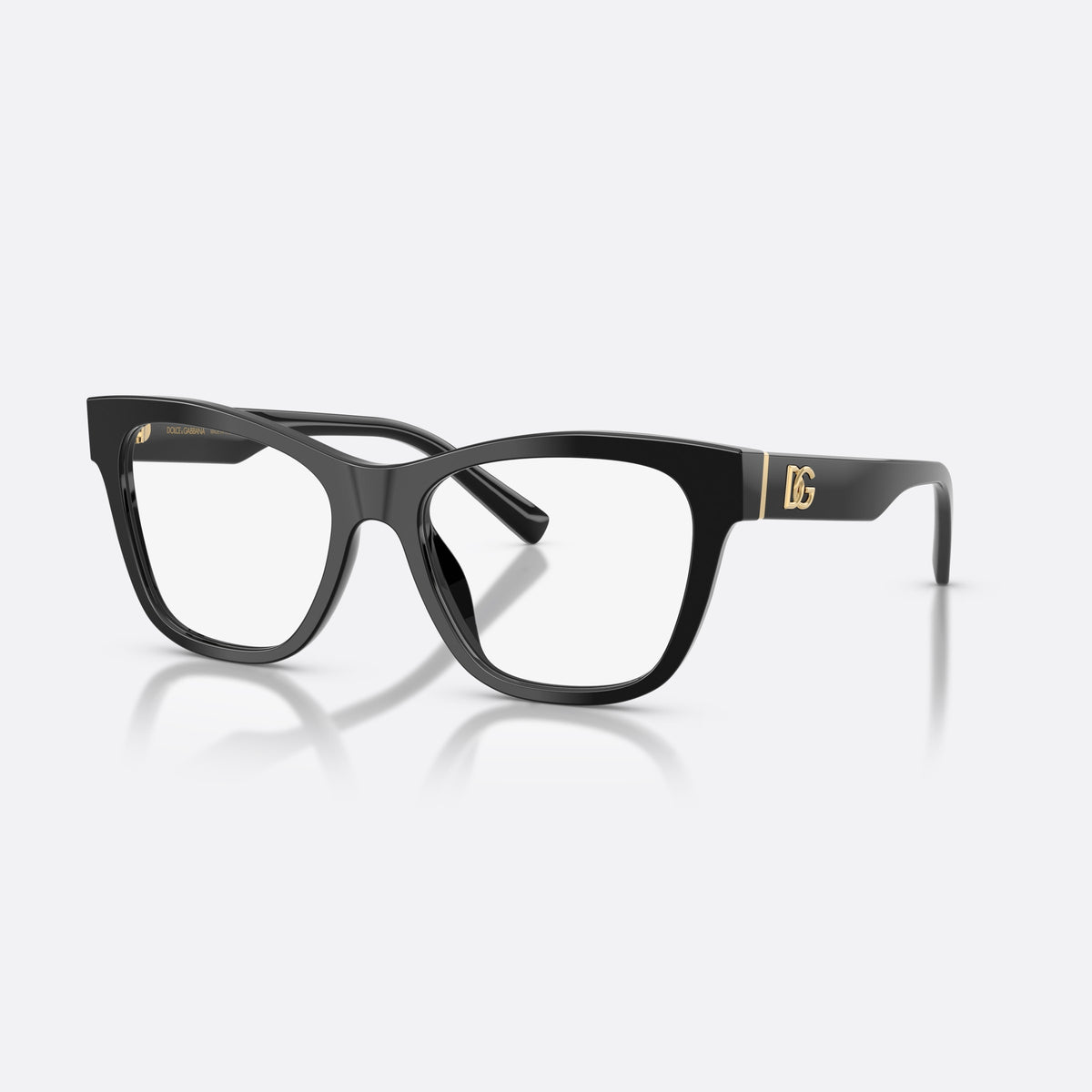 Dolce & Gabbana DG3430 501 eyeglasses, black square frame for women, plain bridge, brand logo plaque on temple