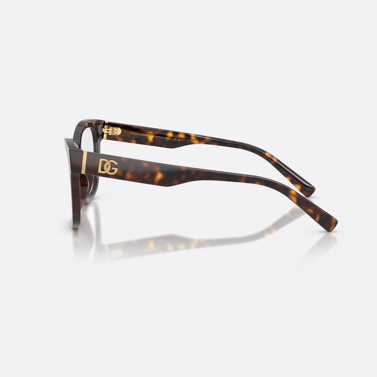Dolce & Gabbana DG3430 502 eyeglasses, havana square frame for women, keyhole bridge, brand logo on temple plaque, side view