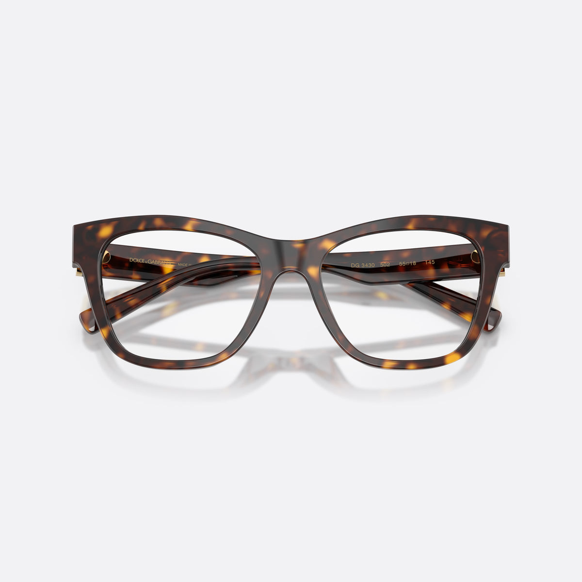 Dolce & Gabbana DG3430 502 eyeglasses, havana square frame for women, keyhole bridge, brand logo on temple plaque, folded