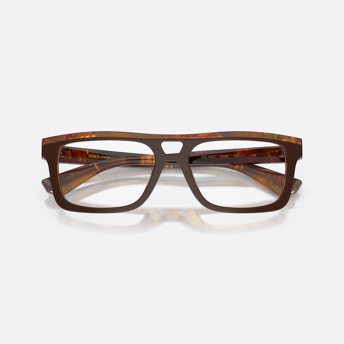 Dolce & Gabbana DG3431 3456 eyeglasses, brown rectangle frame for men, keyhole bridge, brand lettering on temples, full-rim frame, folded