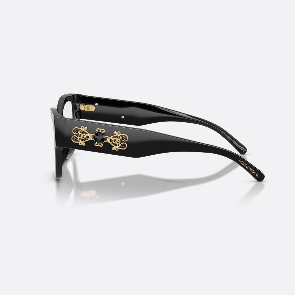 Dolce & Gabbana DG3435B 501 eyeglasses, black butterfly frame for women, plain bridge, integrated into front, brand logo on temples, side view