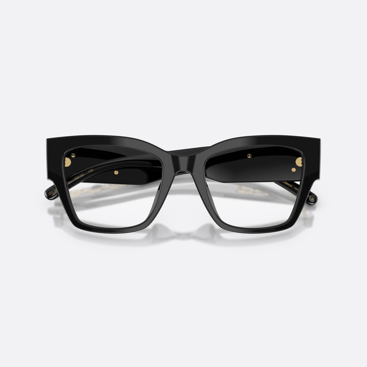 Dolce & Gabbana DG3435B 501 eyeglasses, black butterfly frame for women, plain bridge, integrated into front, brand logo on temples, folded