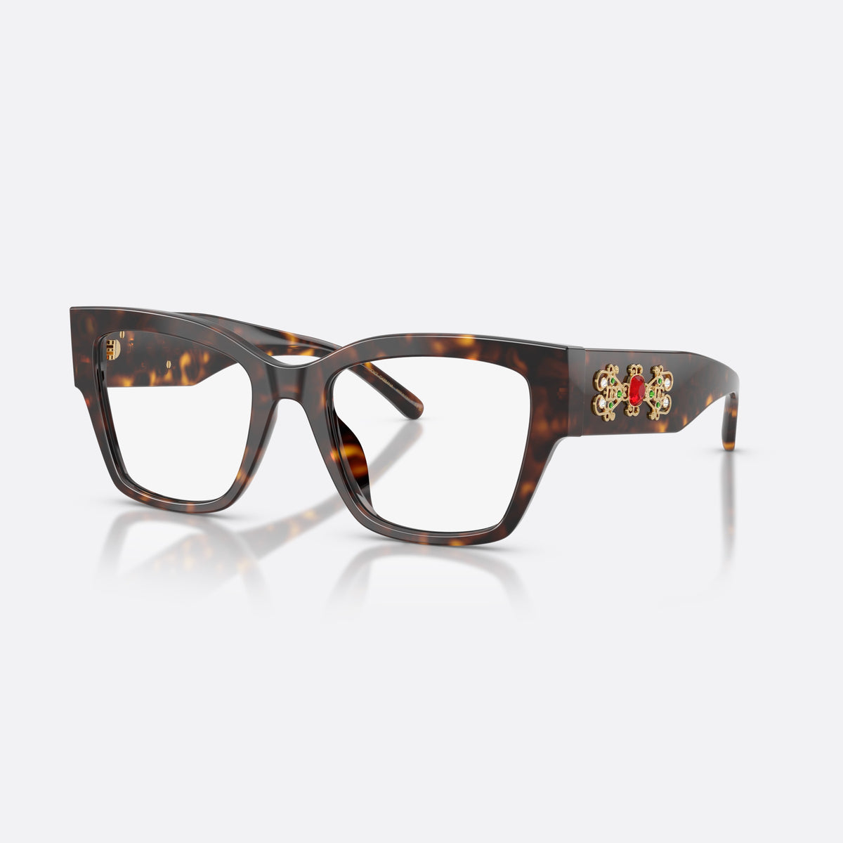 Dolce & Gabbana DG3435B 502 eyeglasses, havana butterfly frame for women, keyhole bridge, gold-tone ornamental plaque on temples