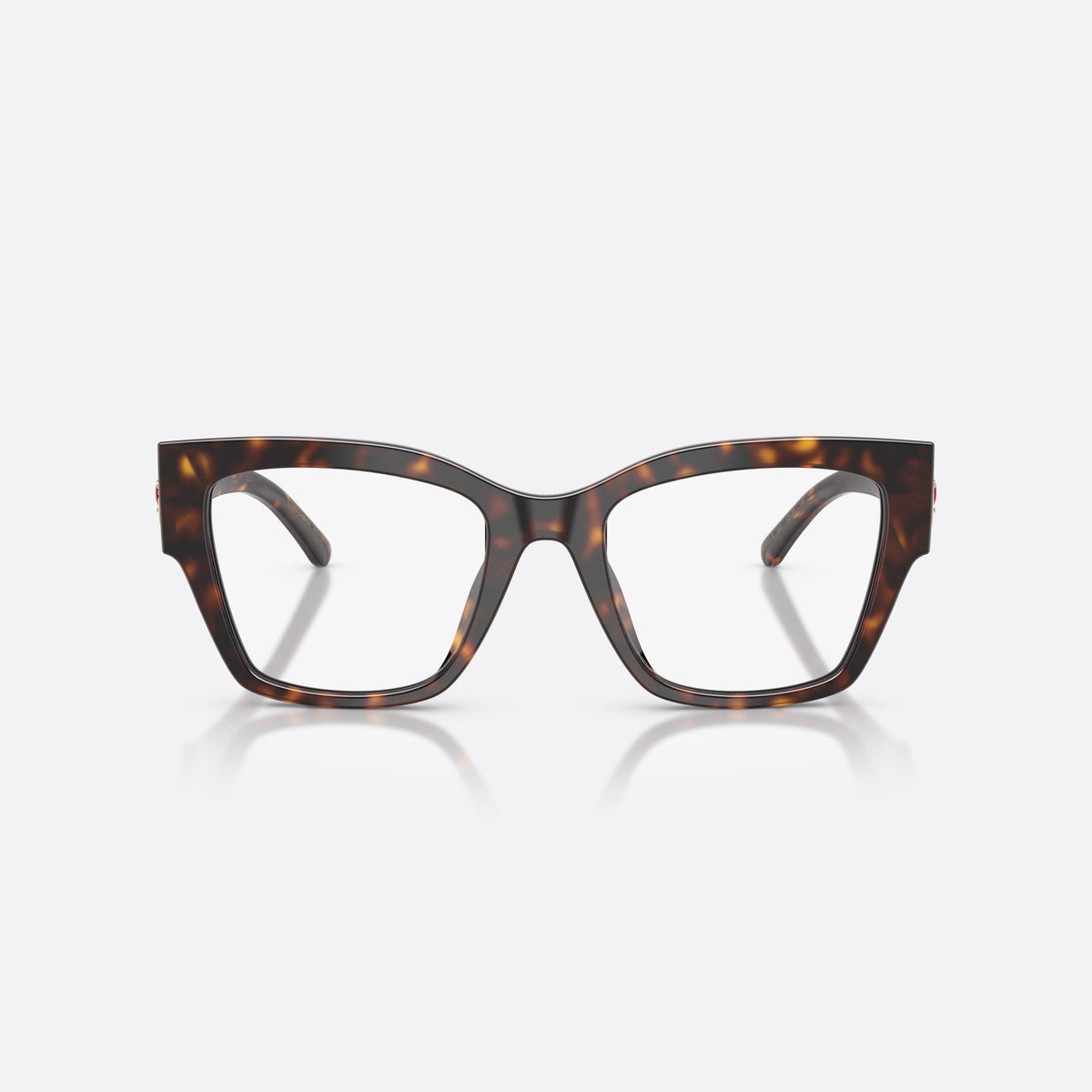 Dolce & Gabbana DG3435B 502 eyeglasses, havana butterfly frame for women, keyhole bridge, gold-tone ornamental plaque on temples, front view