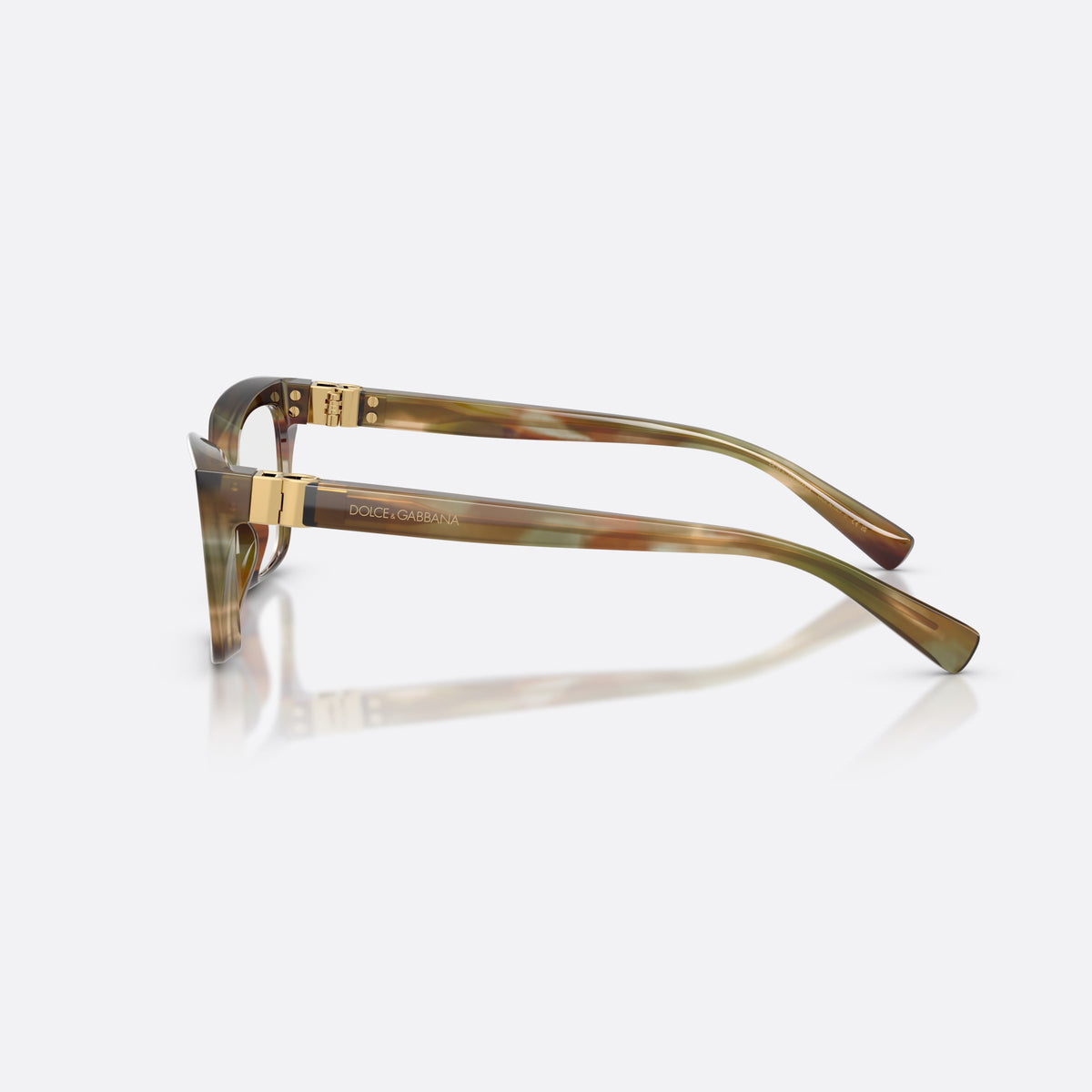 Dolce & Gabbana DG3436 3446 eyeglasses, brown rectangle frame for women, plain saddle style bridge, brand lettering on temples, side view
