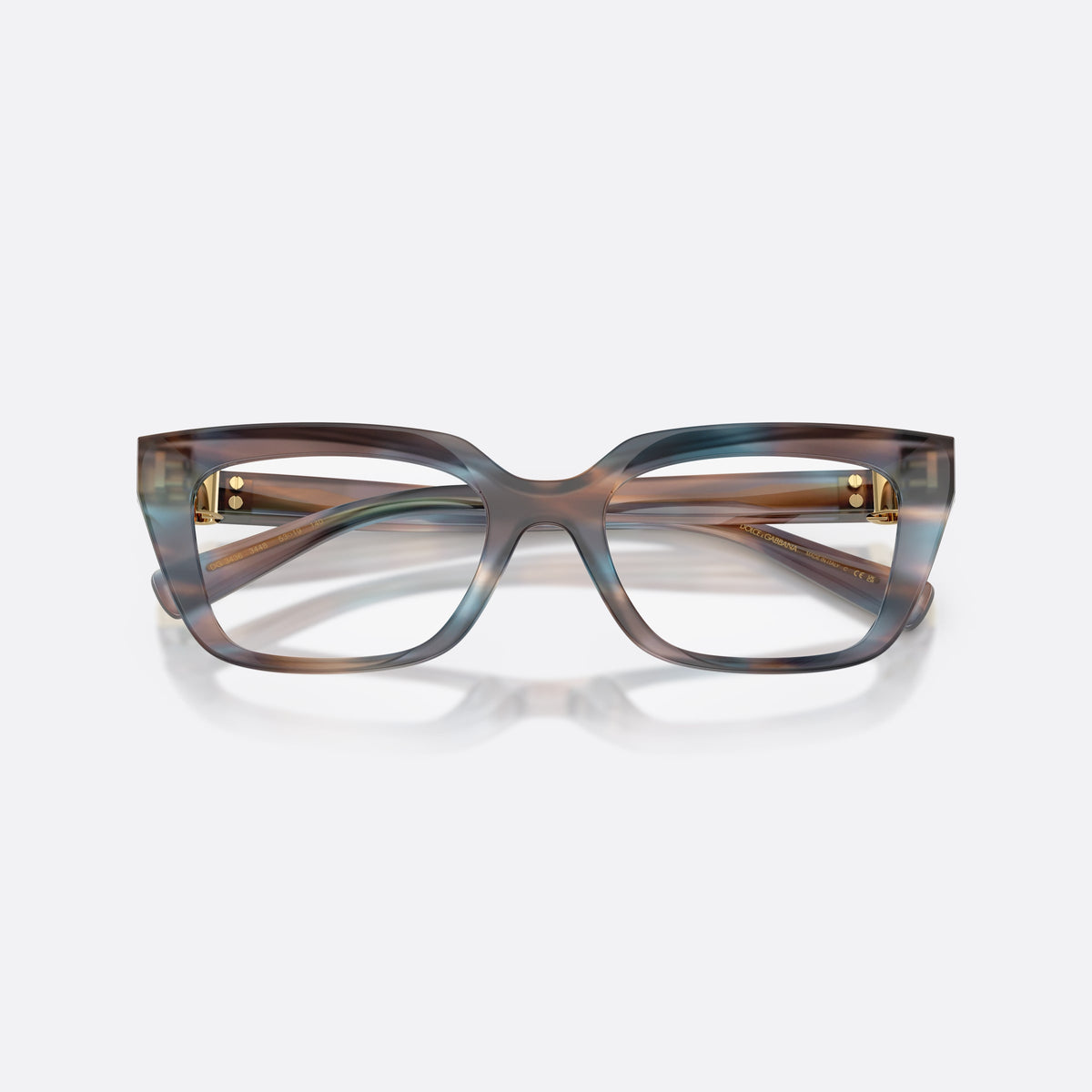 Dolce & Gabbana DG3436 3448 eyeglasses, blue rectangle frame for women, plain bridge with thick acetate, brand lettering on temples, folded