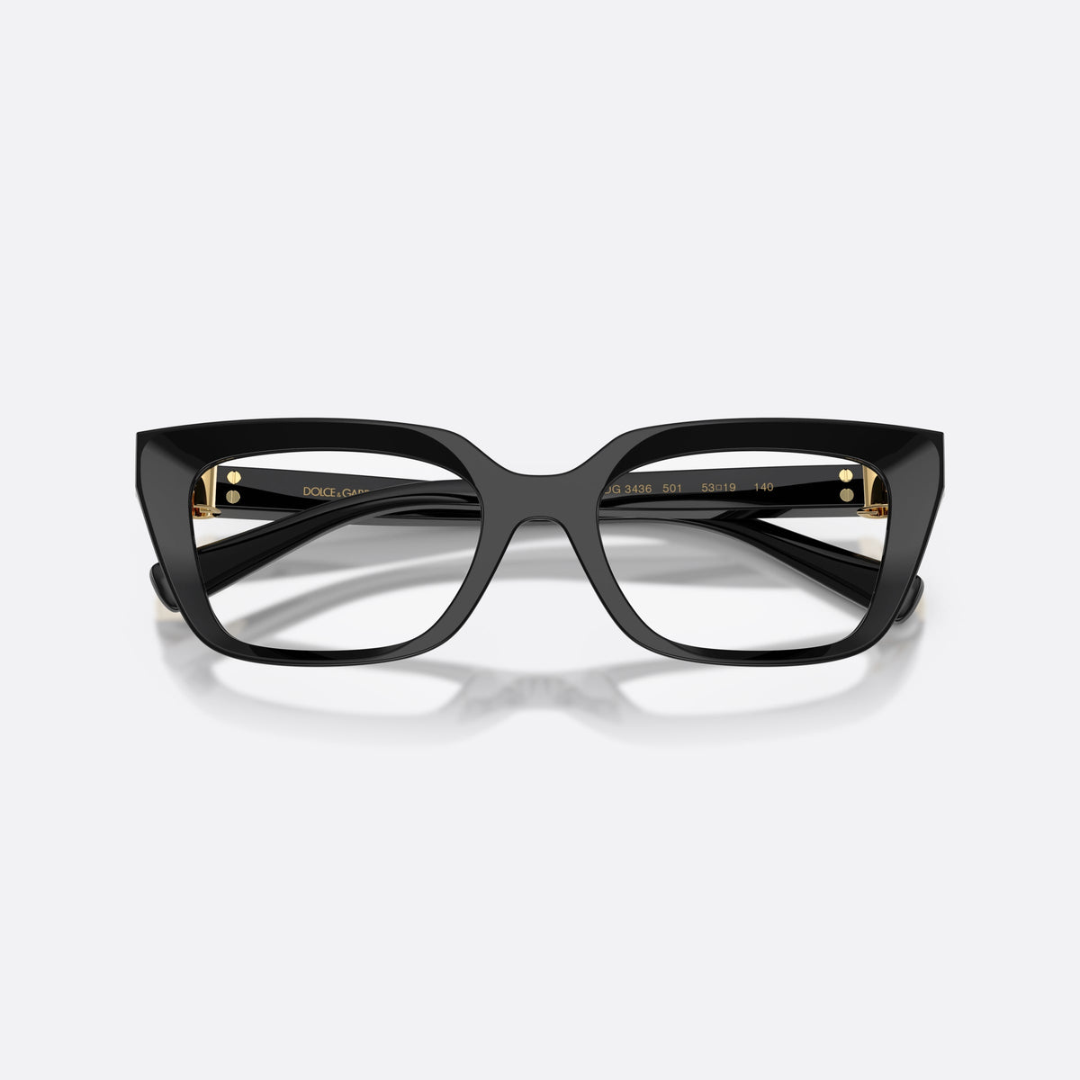 Dolce & Gabbana DG3436 501 eyeglasses, black rectangle frame for women, plain saddle bridge, brand lettering on temples, folded