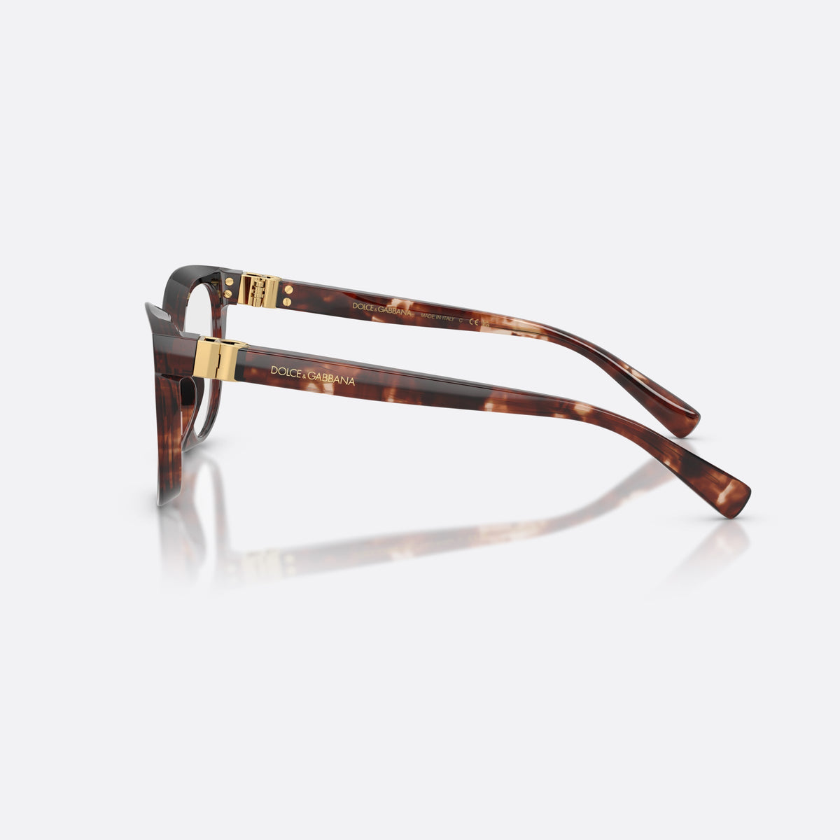 Dolce & Gabbana DG3437 3222 eyeglasses, red phantos frame for women, plain acetate bridge, brand lettering on temples, side view