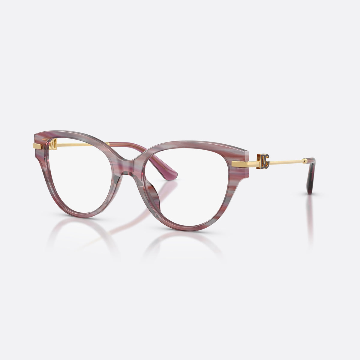 Dolce & Gabbana DG3438 3474 eyeglasses, violet butterfly frame for women, plain bridge with acetate, brand logo plaque on temple