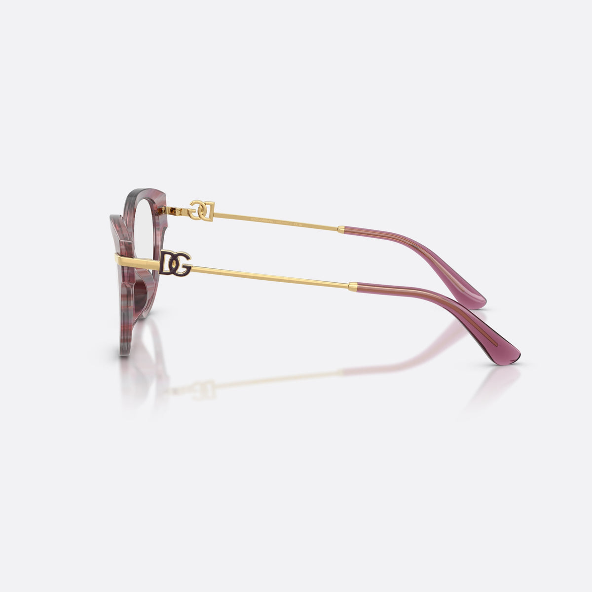Dolce & Gabbana DG3438 3474 eyeglasses, violet butterfly frame for women, plain bridge with acetate, brand logo plaque on temple, side view