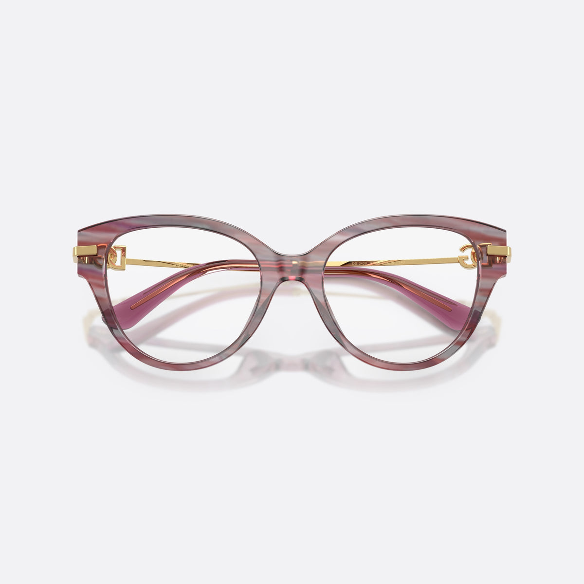 Dolce & Gabbana DG3438 3474 eyeglasses, violet butterfly frame for women, plain bridge with acetate, brand logo plaque on temple, folded