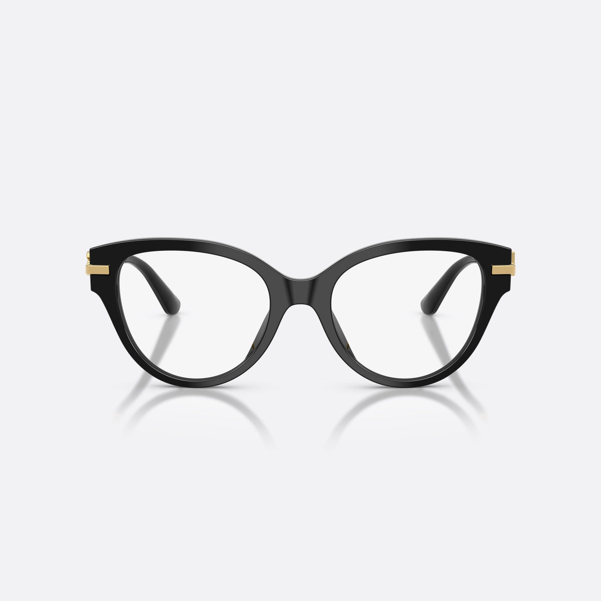 Dolce & Gabbana DG3438 501 eyeglasses, black butterfly frame for women, plain acetate bridge, brand logo plaque on temples, front view