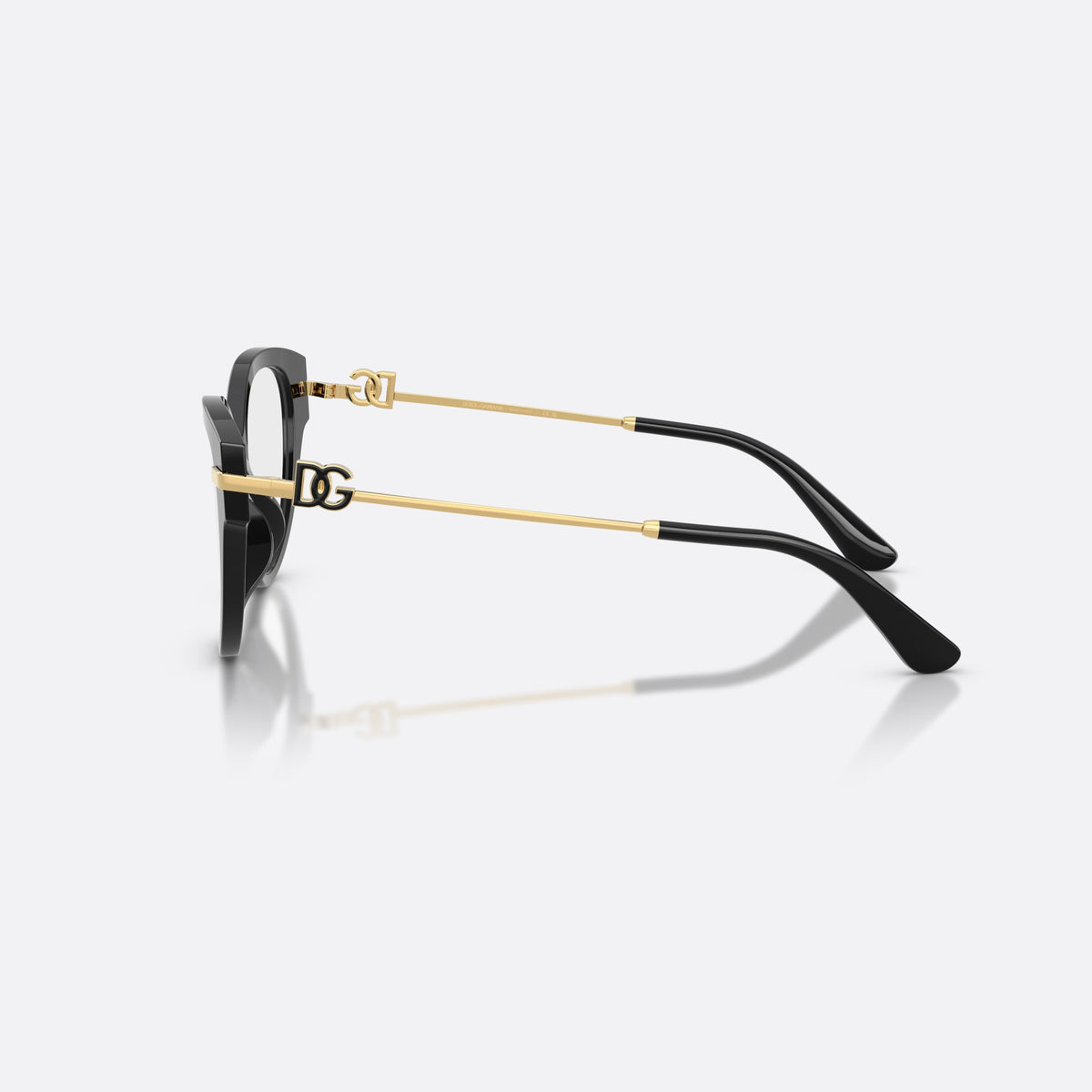 Dolce & Gabbana DG3438 501 eyeglasses, black butterfly frame for women, plain acetate bridge, brand logo plaque on temples, side view