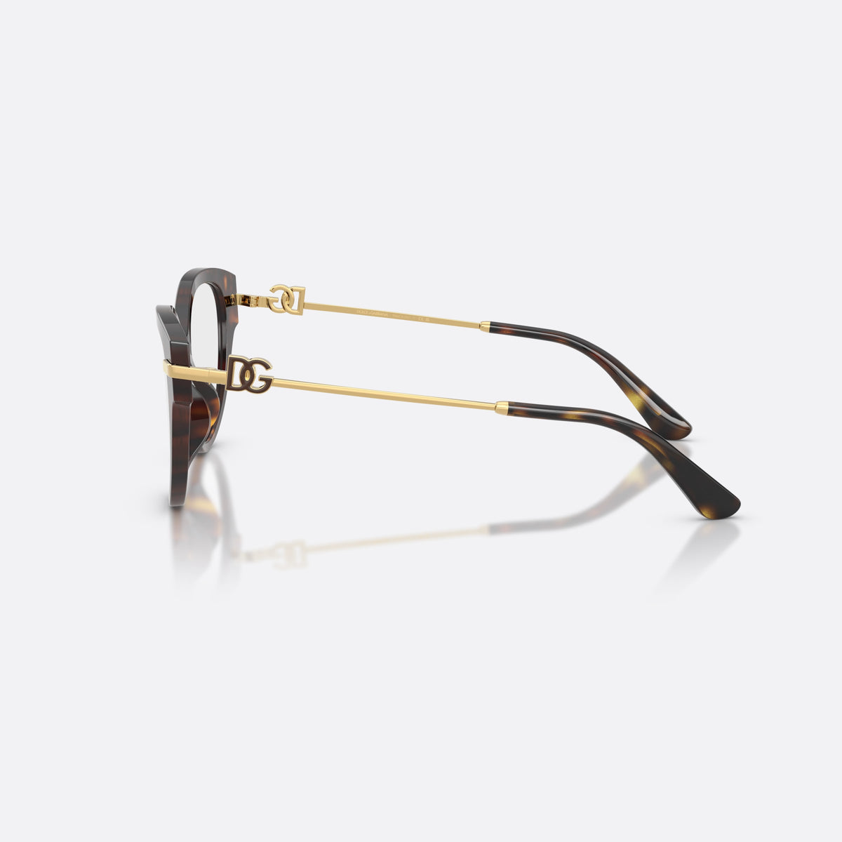 Dolce & Gabbana DG3438 502 eyeglasses, havana butterfly frame for women, plain bridge, brand logo plaque on temple, side view