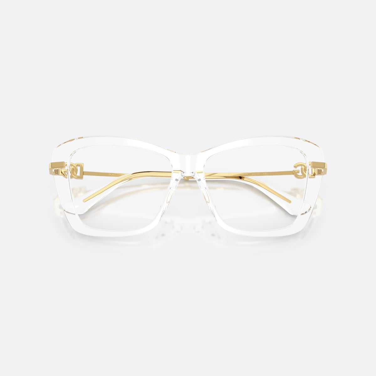 Dolce & Gabbana DG3439 3133 eyeglasses, clear square frame for women, plain integrated bridge, brand logo plaque on temples, folded