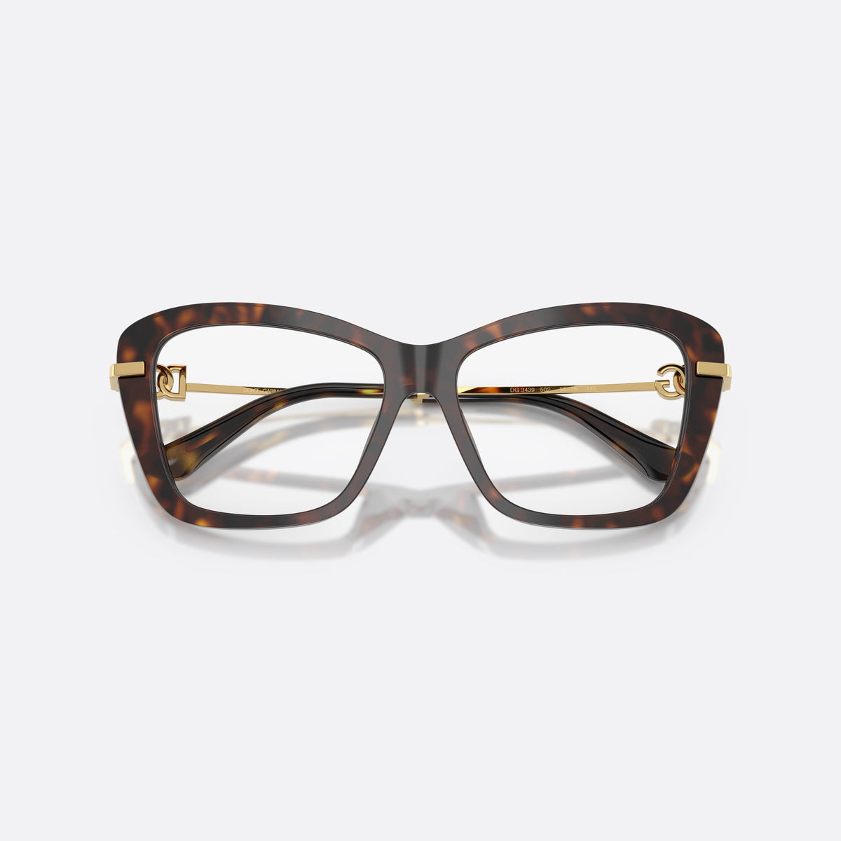 Rame ochelari de vedere Dolce & Gabbana DG3439 502, patrati havana, pentru femei, punte keyhole, placă cu sigla brandului pe braț, cu brațele pliate