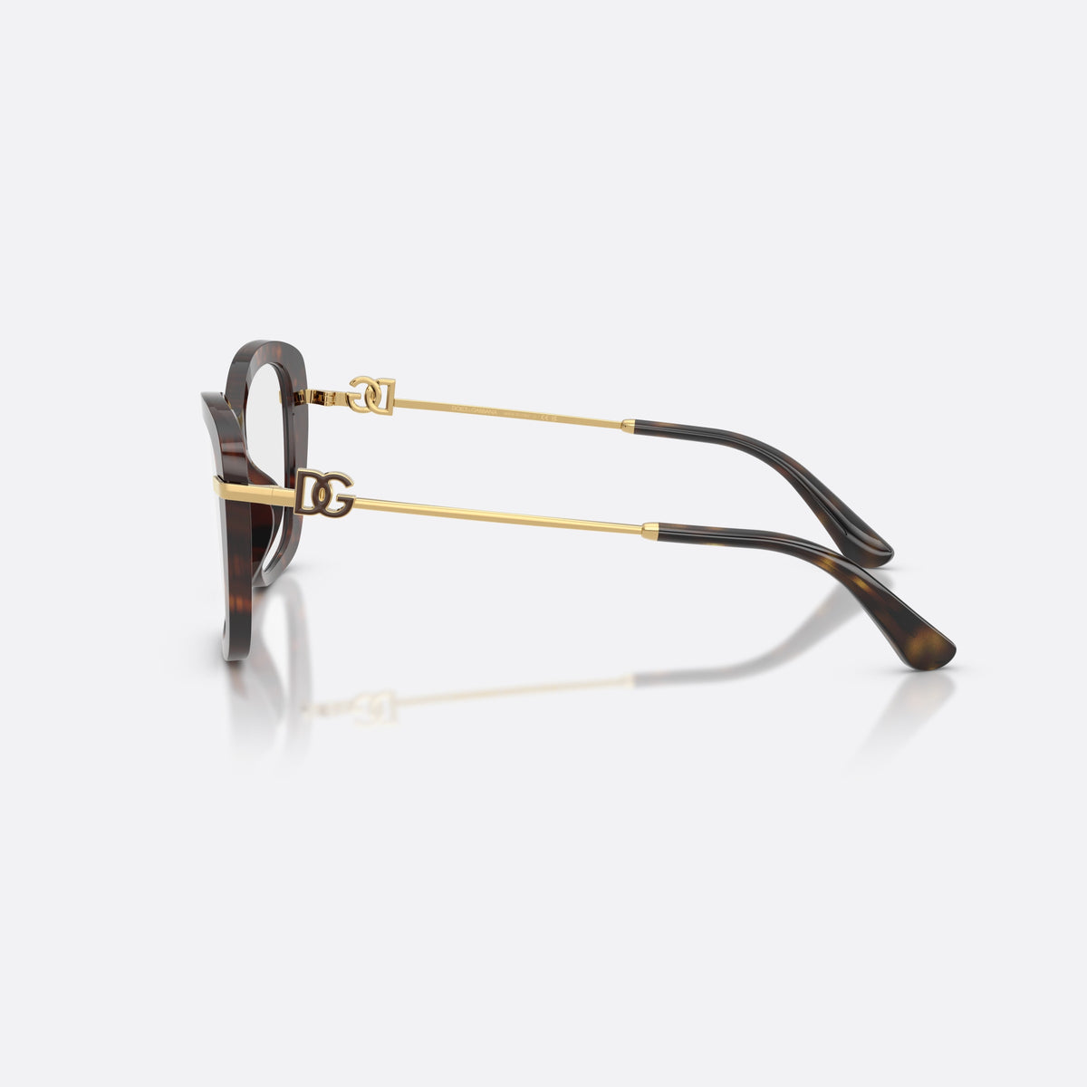Dolce & Gabbana DG3439 502 eyeglasses, havana square frame for women, keyhole bridge, brand logo plaque on temples, side view