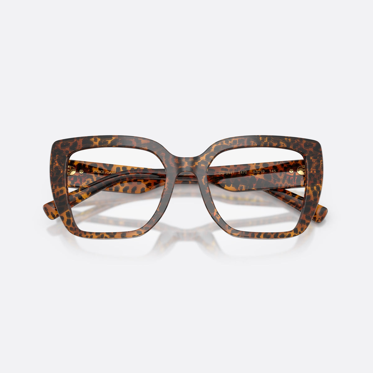 Dolce & Gabbana DG3441 3470 eyeglasses, brown square frame for women, keyhole bridge, brand logo plaque on temple, folded