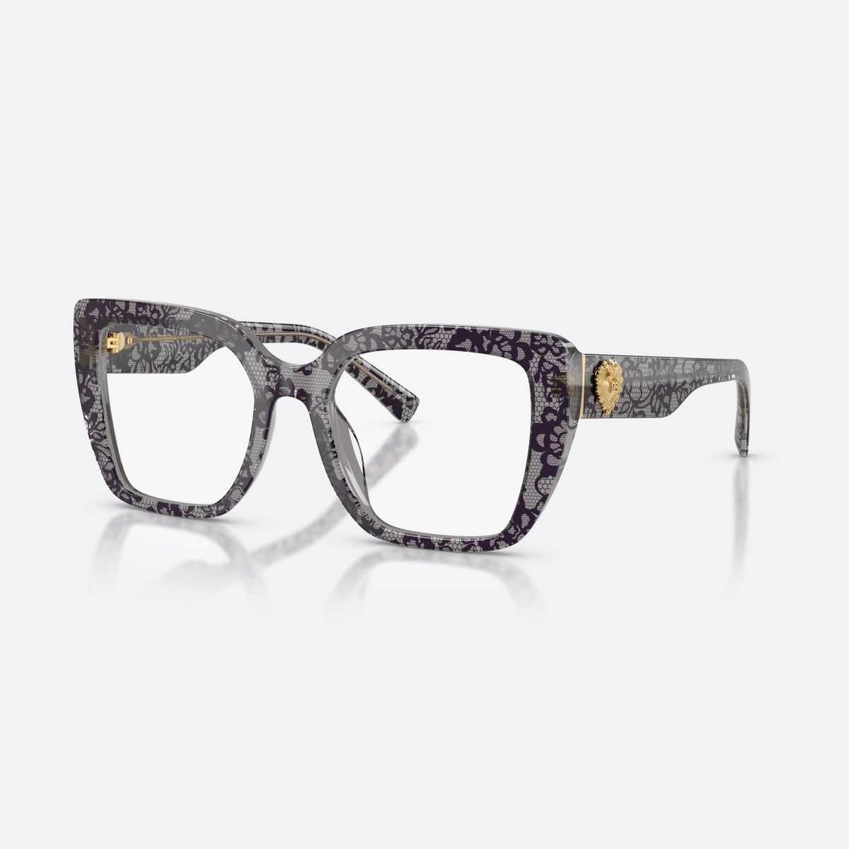 Dolce & Gabbana DG3441 3471 eyeglasses, grey square frame for women, plain bridge, gold-tone plaque on temple, full-rim frame