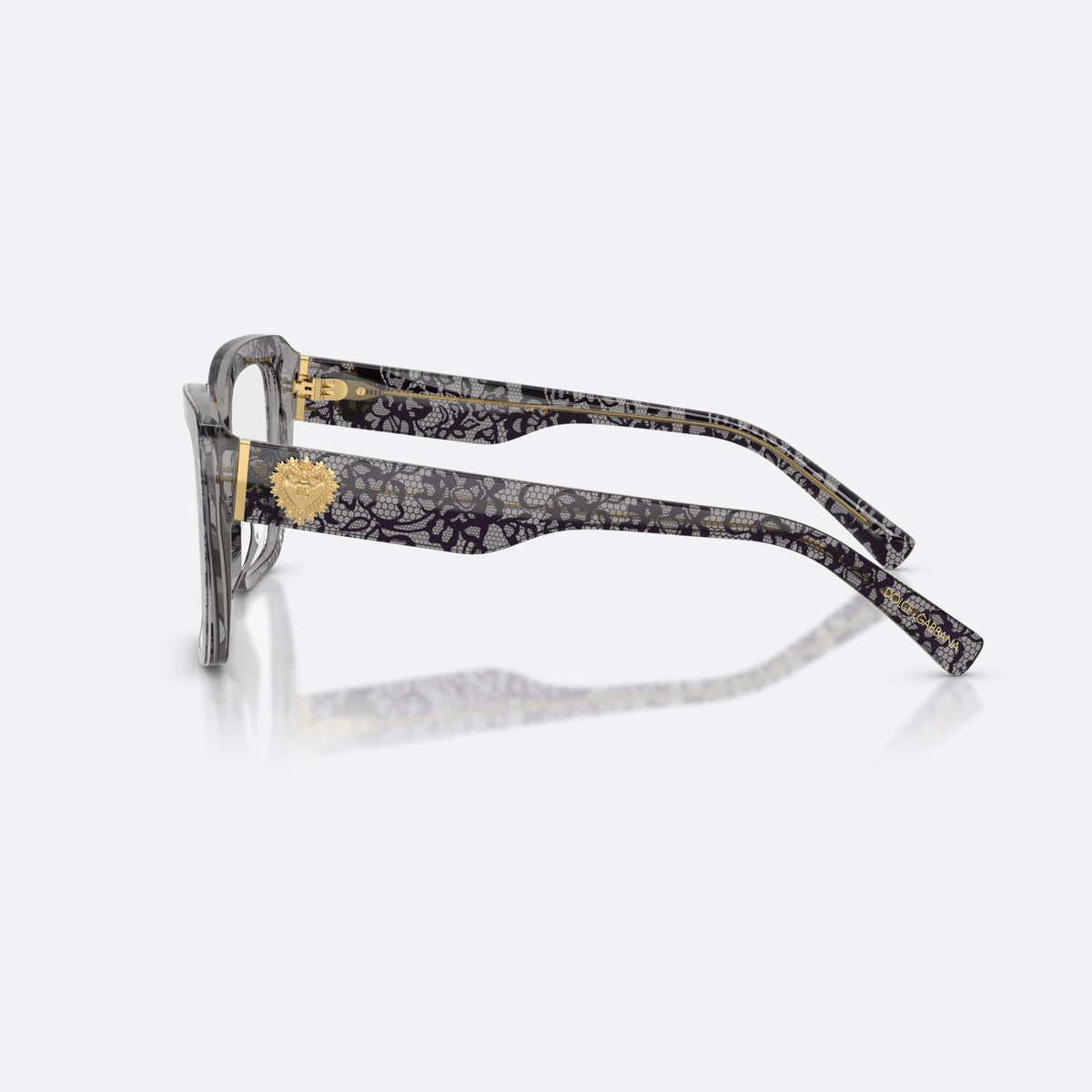 Dolce & Gabbana DG3441 3471 eyeglasses, grey square frame for women, plain bridge, gold-tone plaque on temple, full-rim frame, side view