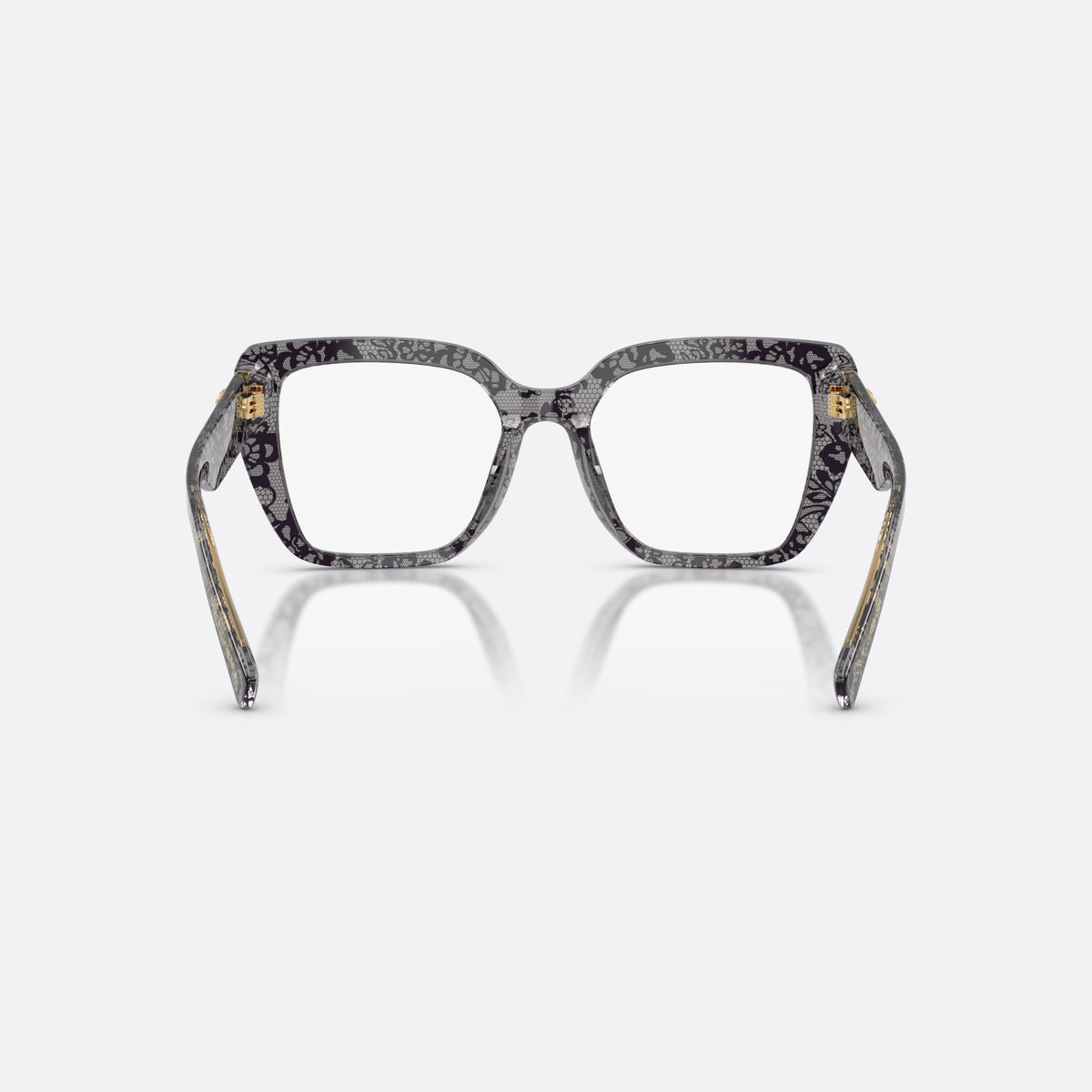 Dolce & Gabbana DG3441 3471 eyeglasses, grey square frame for women, plain bridge, gold-tone plaque on temple, full-rim frame, back view