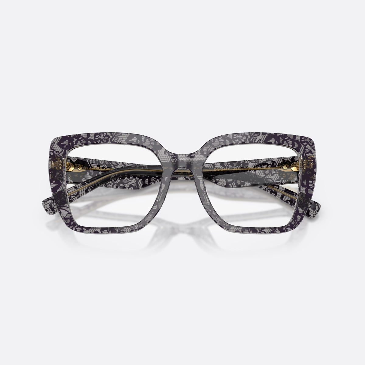Dolce & Gabbana DG3441 3471 eyeglasses, grey square frame for women, plain bridge, gold-tone plaque on temple, full-rim frame, folded