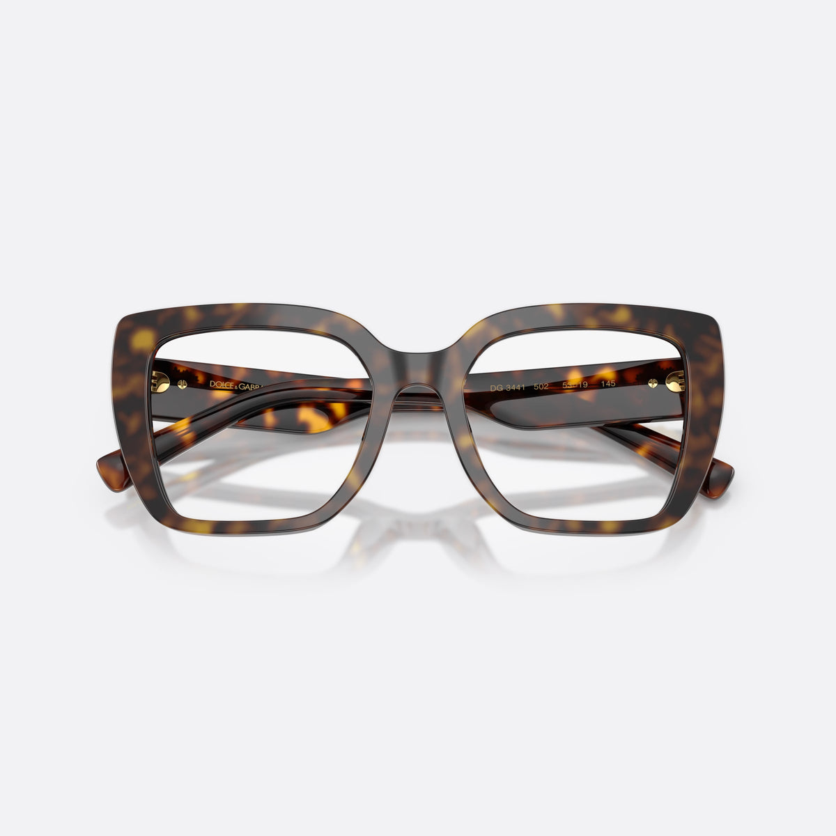 Dolce & Gabbana DG3441 502 eyeglasses, havana square frame for women, plain bridge with dark frame, brand lettering on temple, folded