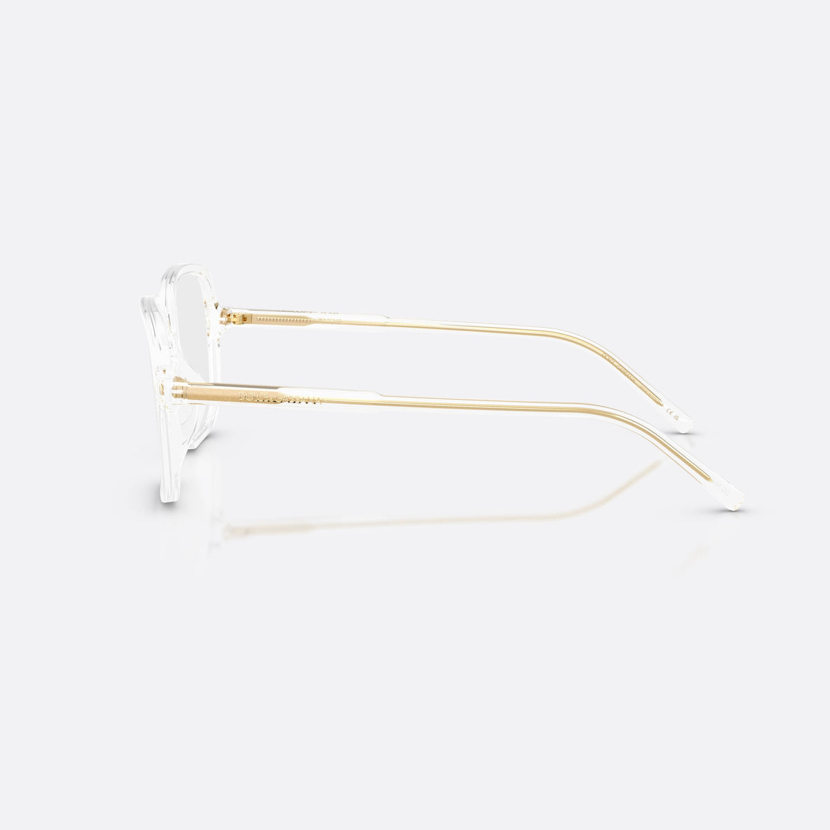 Dolce & Gabbana DG3442 3133 eyeglasses, clear square frame for women, plain integrated bridge, brand lettering on temples, side view
