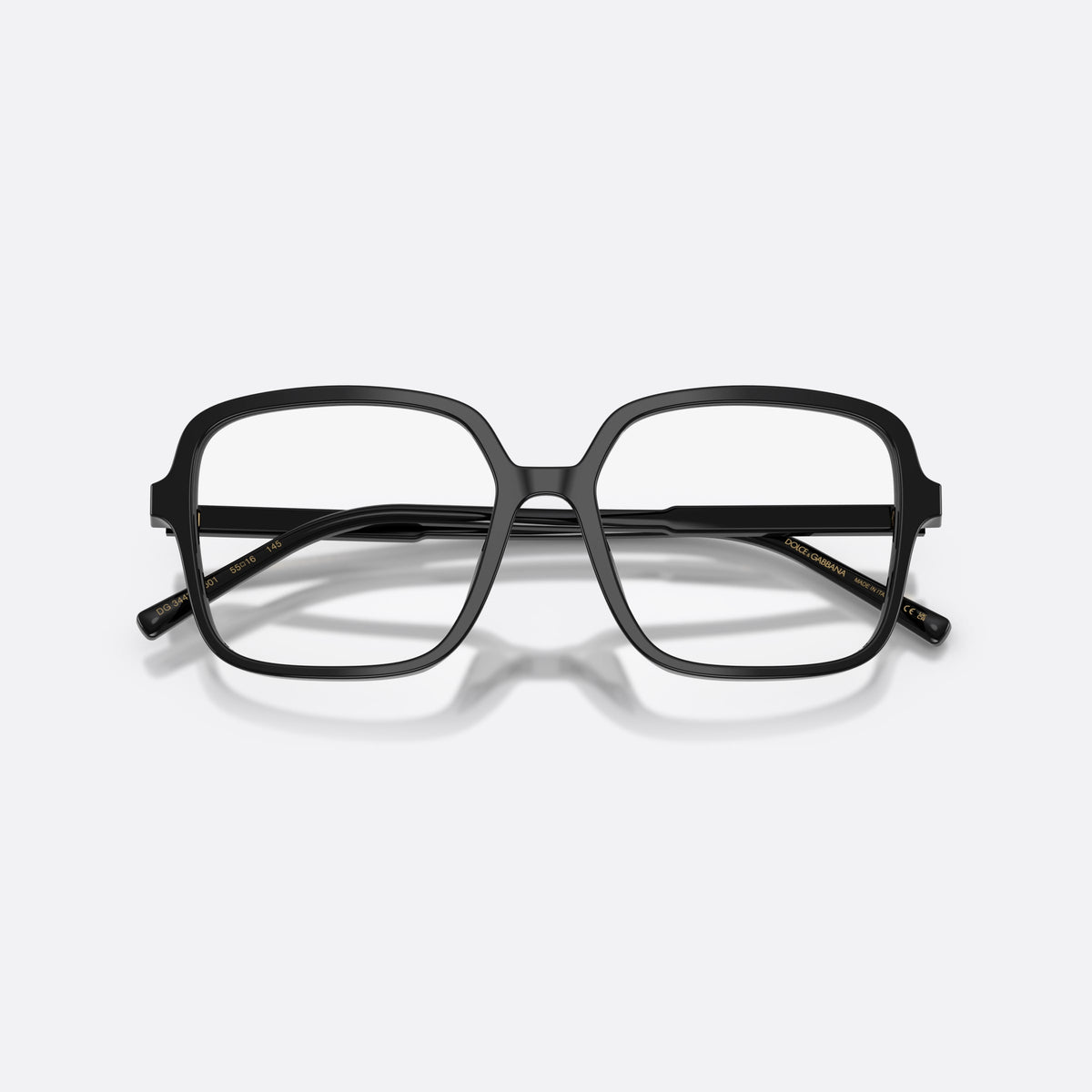 Dolce & Gabbana DG3442 501 eyeglasses, black square frame for women, plain double bridge, brand lettering on temple, folded