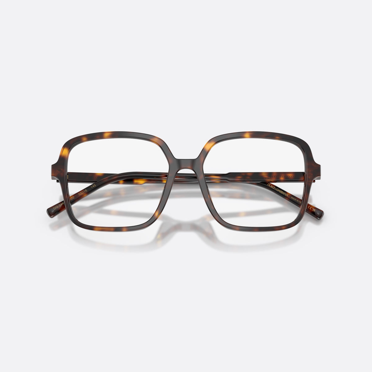 Dolce & Gabbana DG3442 502 eyeglasses, havana square frame for women, plain double bridge, brand lettering on the temples, folded