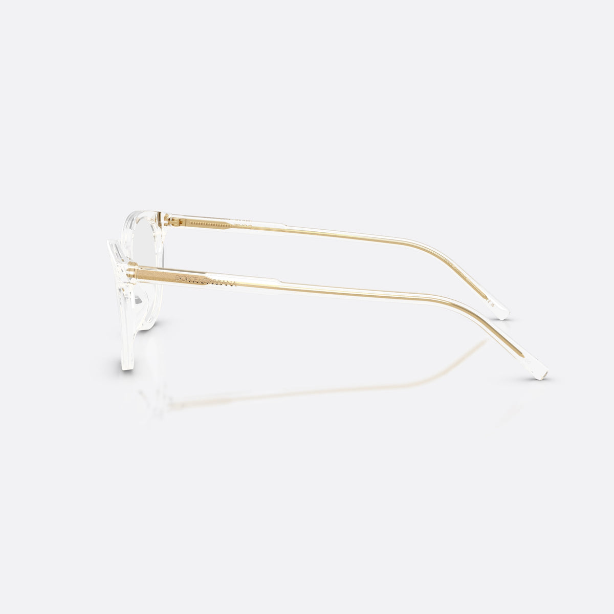 Dolce & Gabbana DG3443 3133 eyeglasses, clear cat eye frame for women, plain integrated bridge, brand lettering on temples, side view