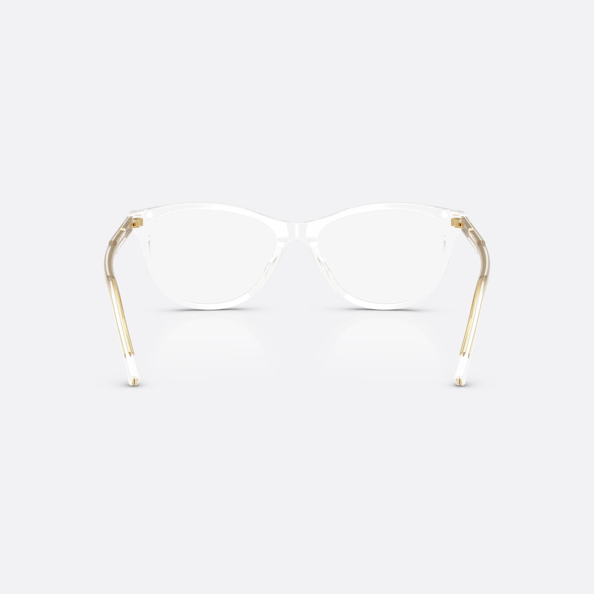 Dolce & Gabbana DG3443 3133 eyeglasses, clear cat eye frame for women, plain integrated bridge, brand lettering on temples, back view