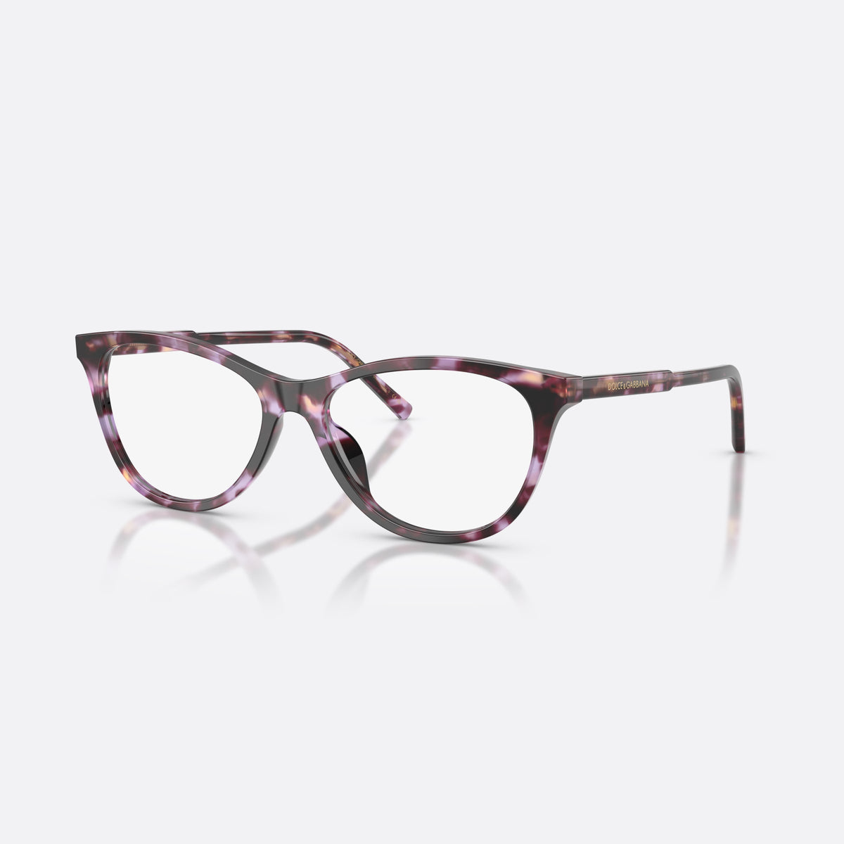 Dolce & Gabbana DG3443 3477 eyeglasses, violet cat eye frame for women, plain acetate bridge, brand lettering on temples