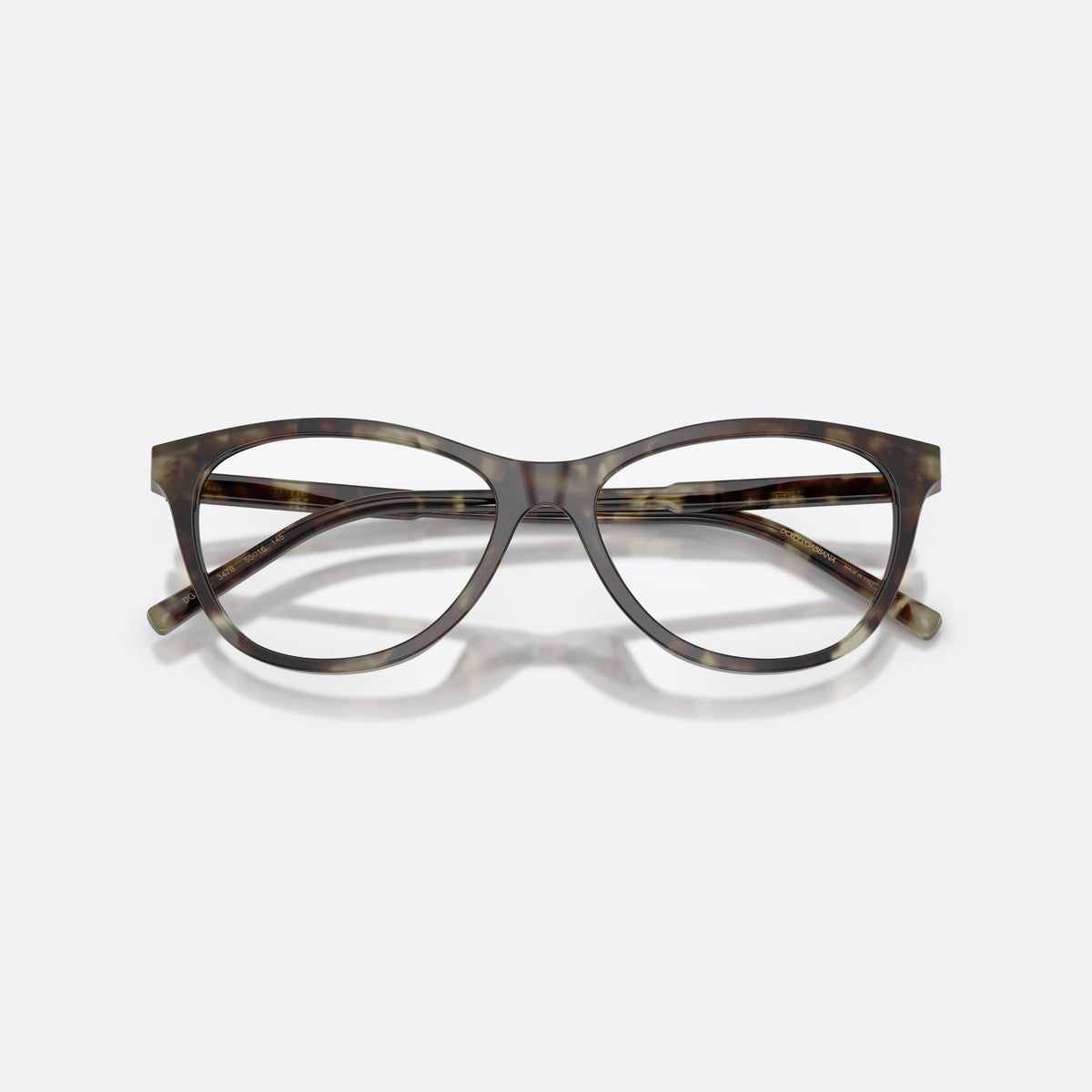 Dolce & Gabbana DG3443 3478 eyeglasses, green cat eye frame for women, keyhole bridge, brand lettering on temples, full-rim frame, folded